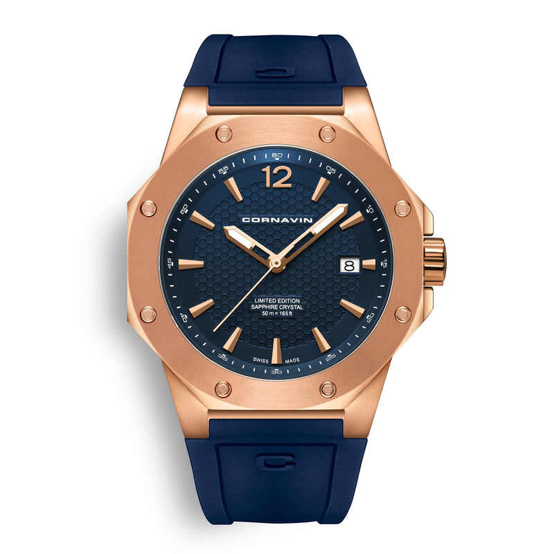 CORNAVIN CO 2021-2049 - Swiss Made Watch with 5N Rose Gold PVD-coated case and blue rubber strap