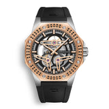 Swiss Made Cornavin Skeleton Automatic Watch with 80 Diamonds on the Bezel and 44 hour power reserve. Rosegold PVD case and black rubber strap. Limited Edition. Diamond Edition.