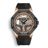 Swiss Made Cornavin Skeleton Automatic Watch with 80 Diamonds on the Bezel and 44 hour power reserve. Rosegold and Black PVD two-tone  case and black rubber strap. Limited Edition. Diamond Edition.