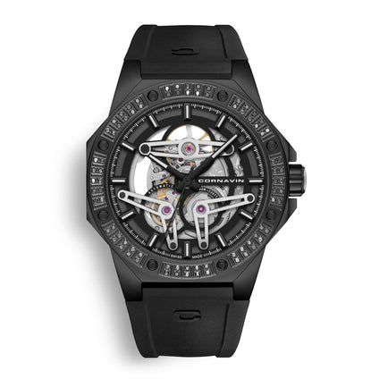 Swiss Made Cornavin Skeleton Automatic Watch with 80 Diamonds on the Bezel and 44 hour power reserve. Black PVD case and black rubber strap. Limited Edition. Diamond Edition.