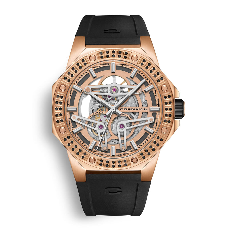Swiss Made Cornavin Skeleton Automatic Watch with 80 Diamonds on the Bezel and 44 hour power reserve. Rosegold PVD case and black rubber strap. Limited Edition. Diamond Edition.