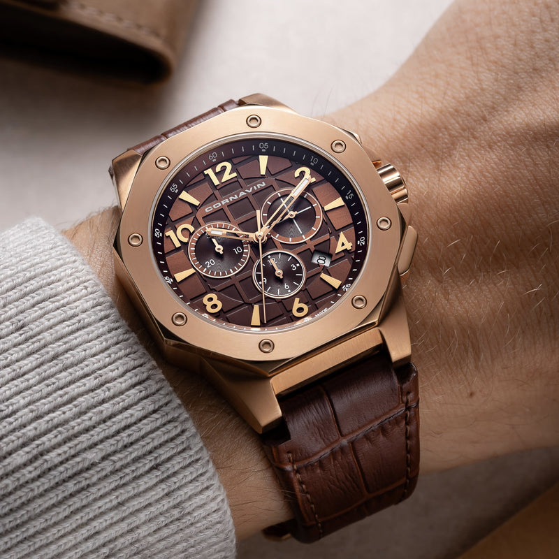 CORNAVIN CO 2012-2016R - Swiss Made Watch Chronograph with Rose Gold PVD Case and Brown Dial and Leather Strap