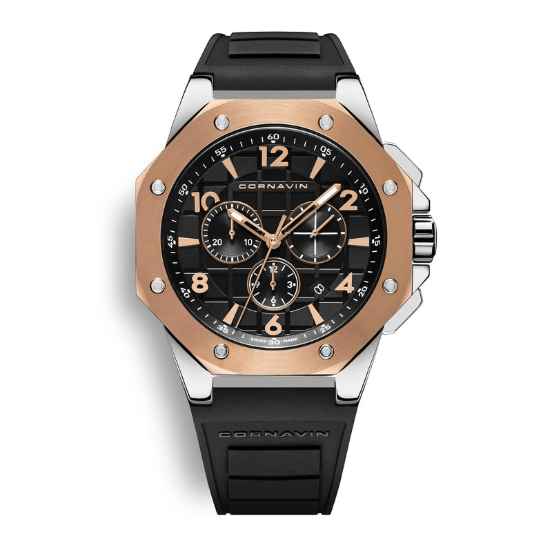 CORNAVIN CO 2012-2018R - Swiss Made Watch Chronograph with rosegold bezel and Stainless Steel Case, Black dial and black rubber strap with ardillon buckle