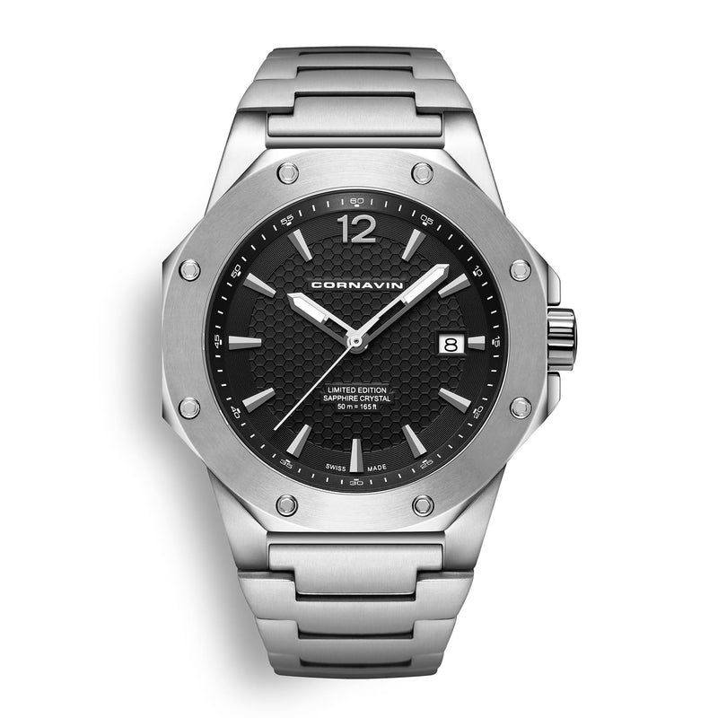 CORNAVIN CO 2021-2031 - Swiss Made Watch with a black dial and stainless steel bracelet.