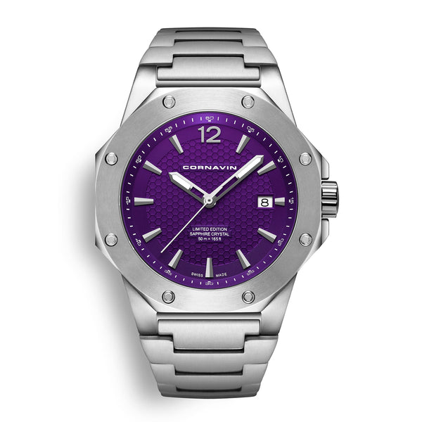 CORNAVIN CO 2021-2033 - Swiss Made Watch with a violet dial and stainless steel bracelet.