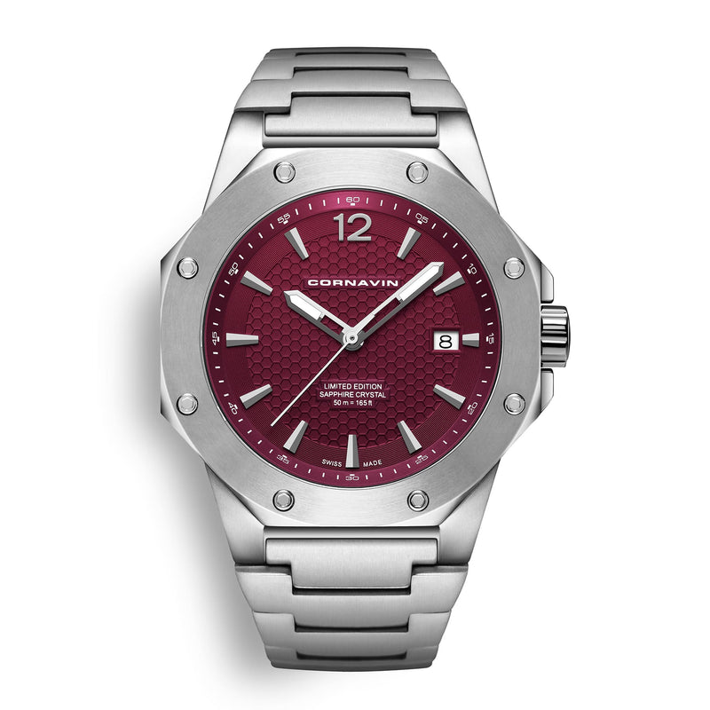CORNAVIN CO 2021-2036 - Swiss Made Watch with a ruby red dial and stainless steel bracelet.