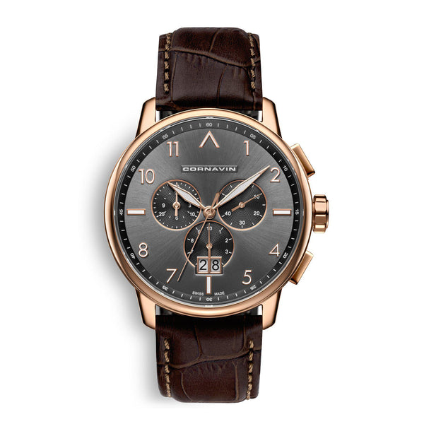 CORNAVIN CO.BD.08.L - Swiss Made Big Date Watch with rose gold PVD case and Brown leather strap
