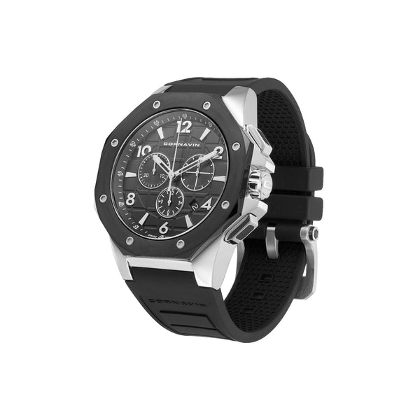 CORNAVIN CO 2012-2005R - Swiss Made Watch Chronograph with Stainless Steel Case and black rubber strap