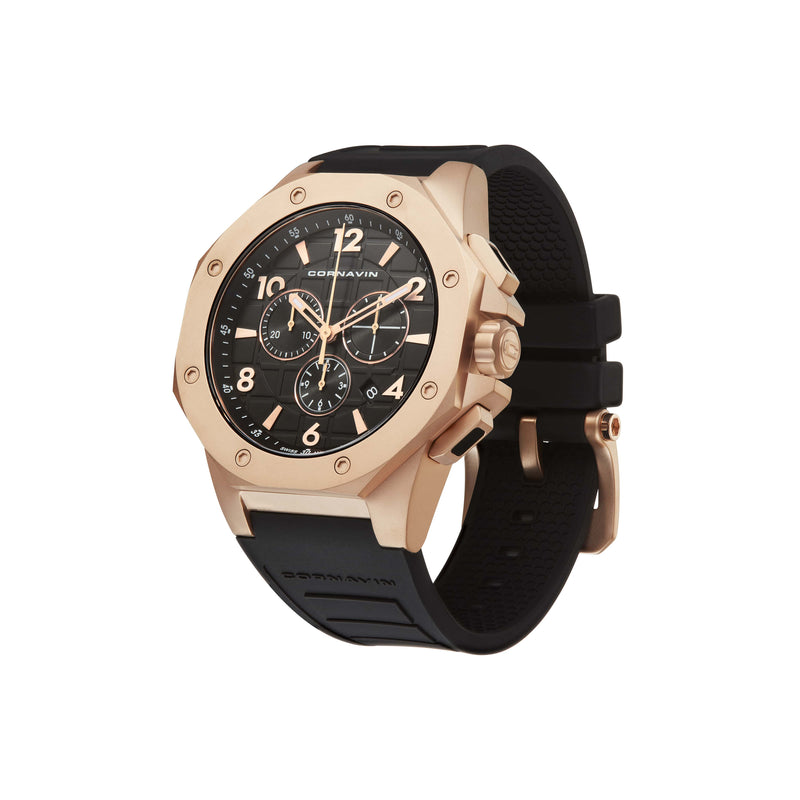 CORNAVIN CO 2012-2022R - Swiss Made Watch Chronograph with a matte rose gold PVD case and rubber strap