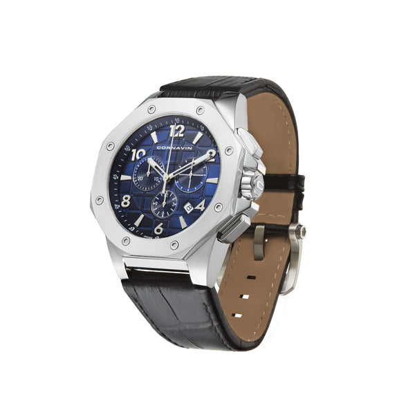 CORNAVIN CO 2012-2009R - Swiss Made Watch Chronograph with blue dial and black leather strap