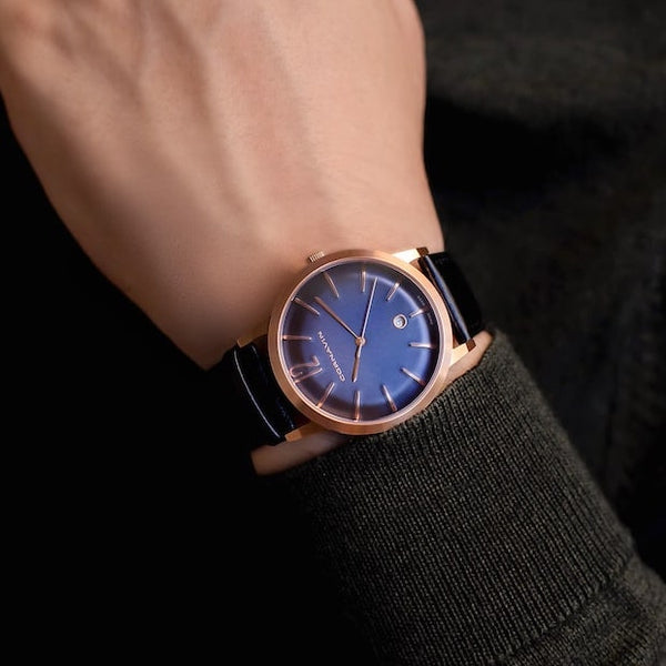 Cornavin Swiss Made Watch Bellevue with a blue dial and rose PVD case